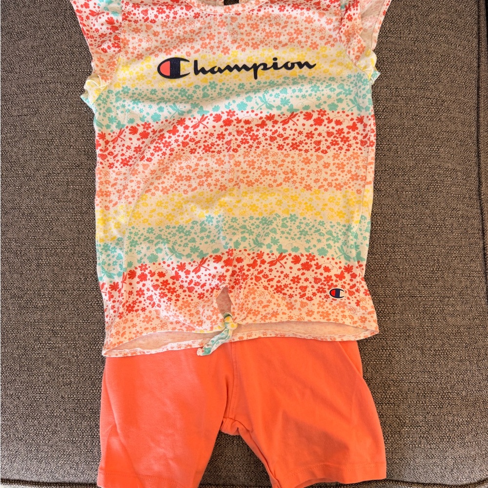 Champion Multicolor Floral Top with Orange Shorts